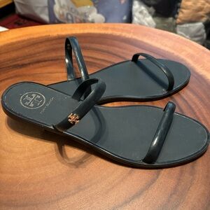 Tory Burch Two Band Jelly Rubber Flat Sandals Gold Logo, Navy, Size 7